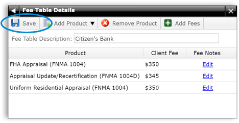 Save Custom Fee Table