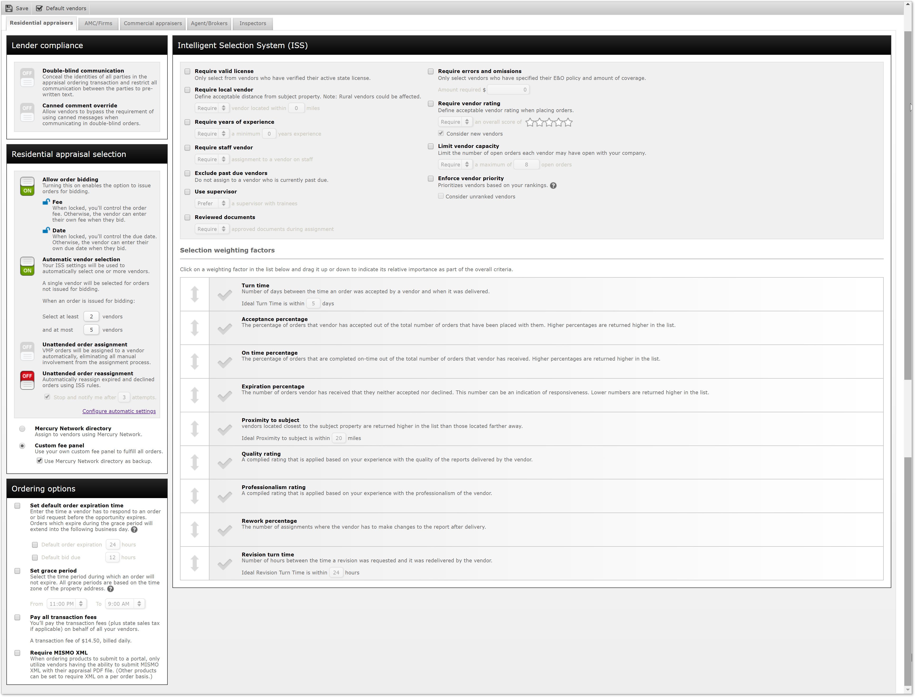 Vendor Selection Settings