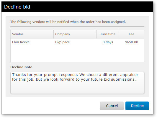 Decline bids dialog