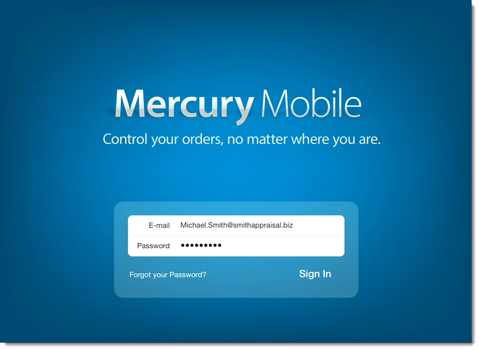 Mercury Mobile login screen