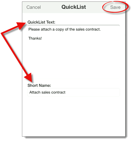 QuickList Text and Short Name