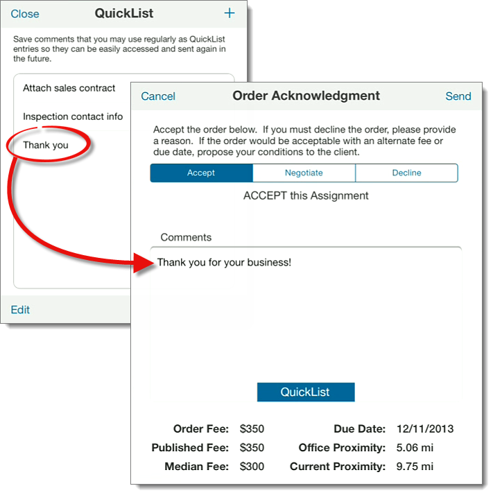 Tap a QuickList entry to Insert it into the field
