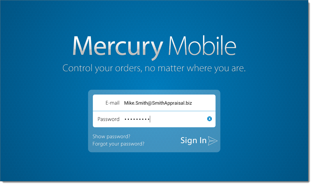 Mercury Mobile Sign In screen