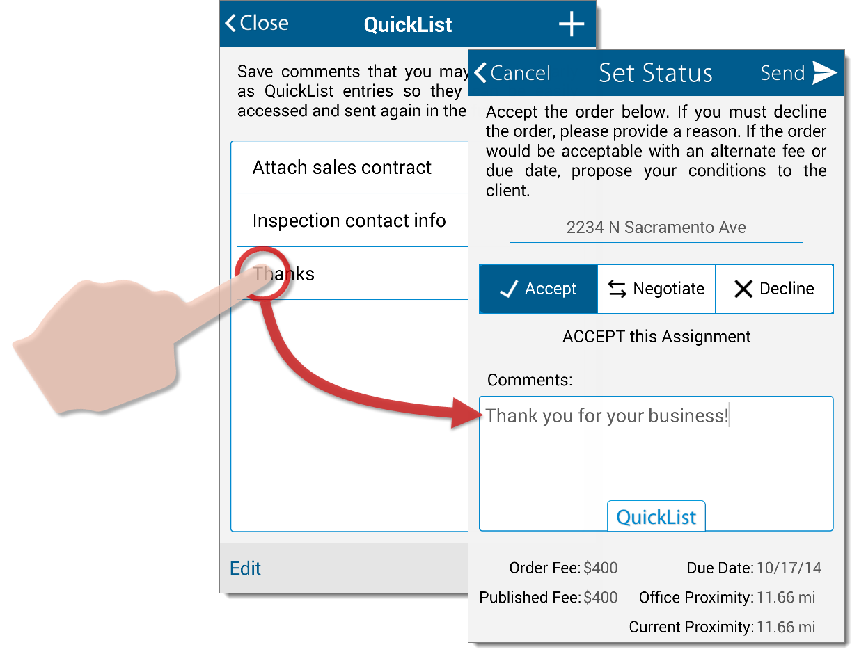 Tap a QuickList entry to Insert it into the field