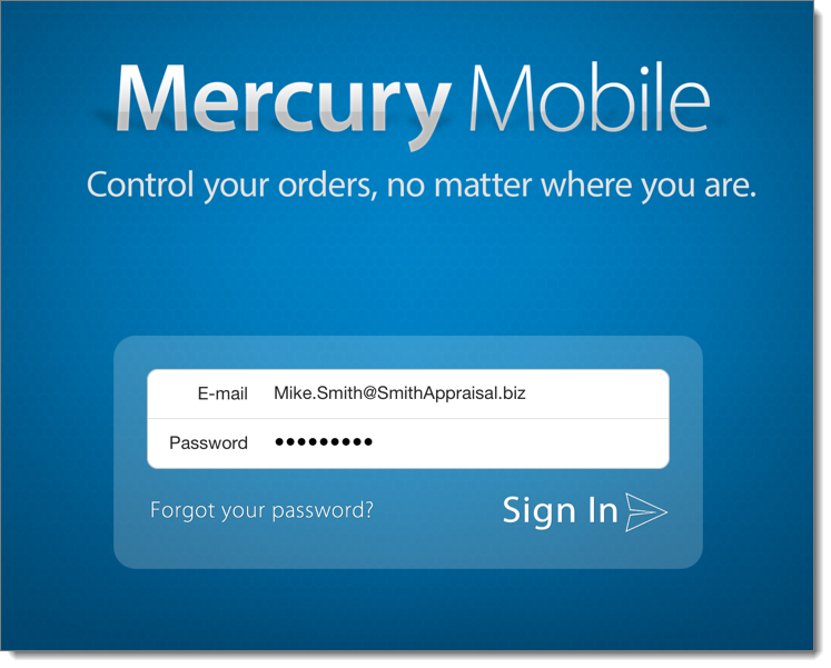 Mercury Mobile Sign In screen